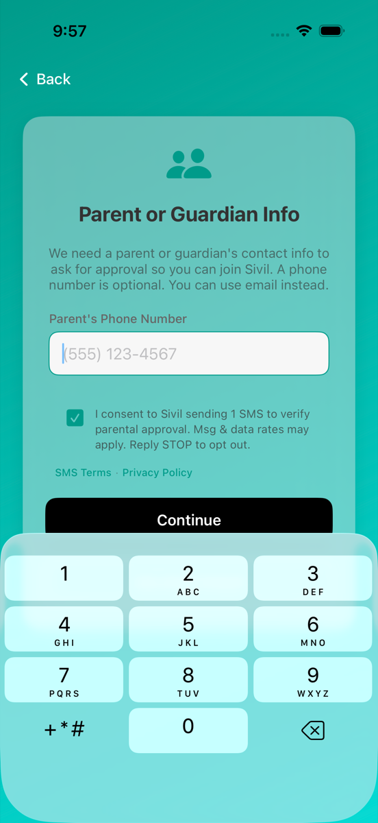 Sivil app — Parent or Guardian Info screen showing phone input and COPPA consent text